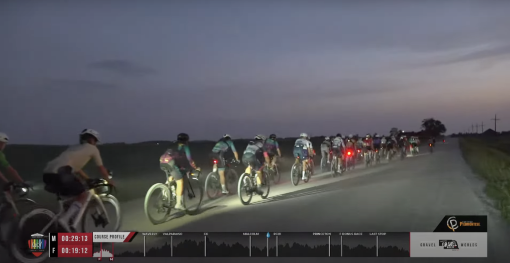 Gravel Cycling Race with Graphics in the Lower Portion of the Screen